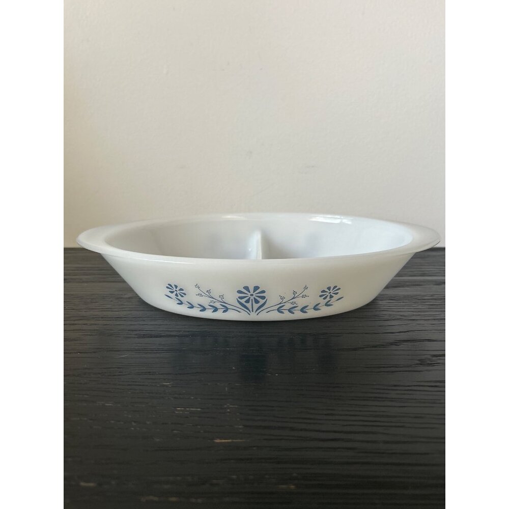 VTG Glassbake Milk Glass Divided Casserole Dish Blue Daisy Pattern 12" Farmhouse